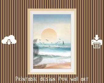 Minimalist Coastal Sunset Wall Art Print | Boho Beach House Decor | Watercolor Ocean Sailboat | Modern Nature Landscape | PDF