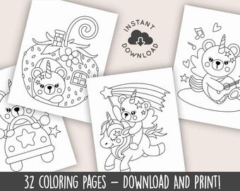 Cozy Unicorn Bears Coloring Pages, 32 Cute Fantasy Animal Designs, Bold and Easy Coloring Book for Relaxation, Digital PDF, Printable Art