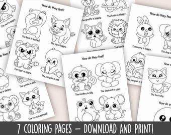 Animal Emotions Coloring Pages for Kids, Feelings Worksheet, Social Emotional Learning SEL, Toddler Preschool Activity, Printable PDF Sheets