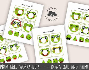 Frog Shape Matching Toddler Activities, Preschool Cut and Glue Worksheets, Animal Shape Sorter, Kindergarten Math, Instant Digital Download