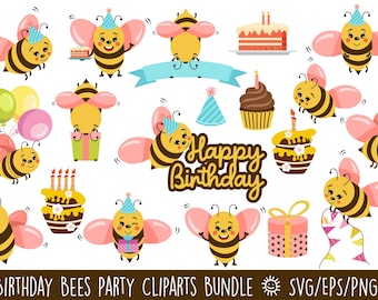 Birthday Bee Clipart Bundle | Bumblebee PNG SVG EPS | Party Graphics Sublimation | Digital Stickers Download | Scrapbooking | Commercial Use