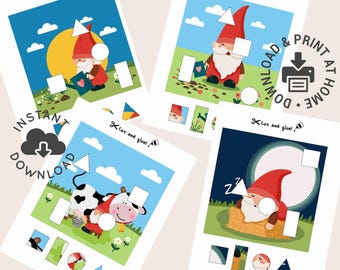 Farm Gnome Printable Worksheets | Four Adorable Pages for Cutting and Glue | Shape Matching Activity | PDF