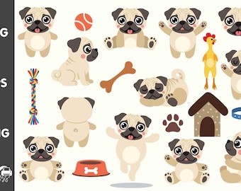 Pug SVG Bundle, Pug Clipart, Cute Dog Vector, Pug Puppy Clipart, Puppy, PNG, Dog SVG, Instant Download, Commercial Use