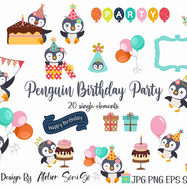 Penguin Birthday Party Clipart Set, Éléments d’emballage, Kit de scrapbooking numérique, Utilisation commerciale, Téléchargement instantané, Planificateur imprimable, SVG