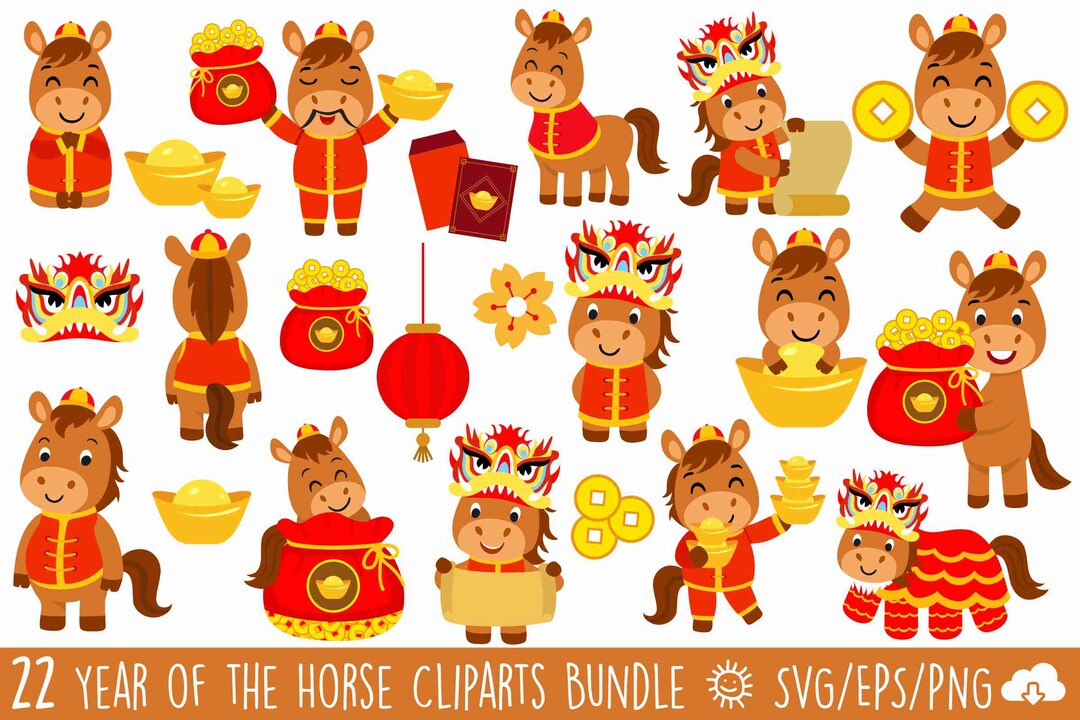 Cute Year of the Horse Clipart Bundle|chinese New Year Vector|png SVG ...