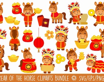 Cute Year of the Horse Clipart Bundle|Chinese New Year Vector|PNG SVG EPS|Scrapbooking|Cricut Silhouette| Digital Download|Sublimation File