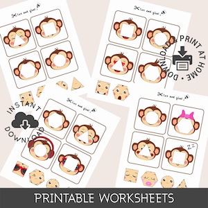 Pode incluir: Folhas de trabalho imprimíveis com macacos de desenho animado com várias expressões faciais e formas geométricas para cortar e colar. As folhas de trabalho incluem o texto "Cut and glue!" e "Printable Worksheets."