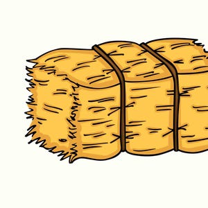 Può includere: Illustrazione a cartoni animati di una balla di fieno rettangolare, in tonalità gialle e marroni. La balla di fieno è legata con tre cinghie marroni scuro. L'immagine include il testo "SVG", "EPS" e "PNG" sul lato sinistro.