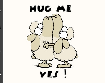 Cute Hugging Sheep SVG EPS, Fluffy Lamb Love Clipart, Friendship Digital File, Cartoon "Hug Me Yes", Shirt Design, Commercial Use