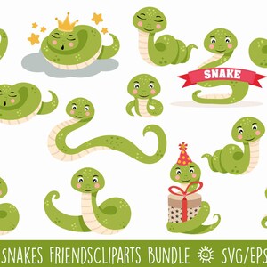 Pode incluir: Uma coleção de 15 cobras verdes de desenho animado em várias poses. Algumas cobras usam chapéus de festa, seguram presentes ou têm coroas. Uma cobra tem uma maçã vermelha. O texto na parte inferior diz "15 LITTLE SNAKES FRIENDS CLIPARTS BUNDLE".