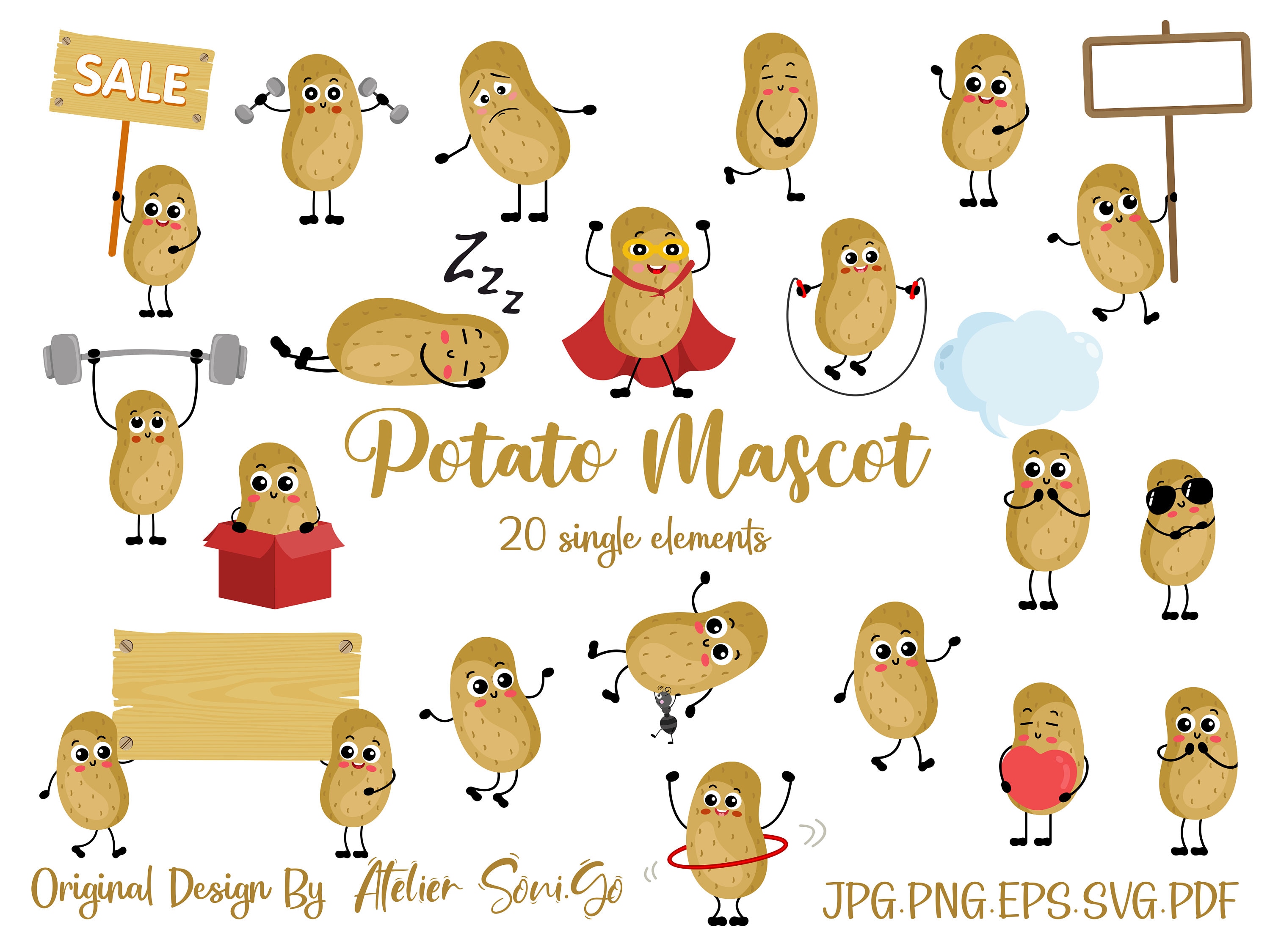 Whimsical potato clipart, Cute graphic of potatoes as a bee, unicorn,  mermaid, and a witch, PNG images for commercial use