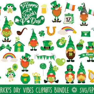 Pode incluir: Uma coleção de cliparts com o tema do Dia de São Patrício. A imagem inclui gnomos, trevos, chapéus de duende, arco-íris, potes de ouro e o texto "Happy St. Patrick's Day". A parte inferior da imagem diz "50 ST. PATRICK'S DAY VIBES CLIPARTS BUNDLE SVG/EPS/PNG".