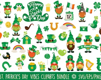 St Patricks Day Gnomes SVG Bundle, Lucky Leprechaun Clipart, Pot of Gold PNG, Shamrock Vector for Cricut, Irish Gnome Sublimation Designs