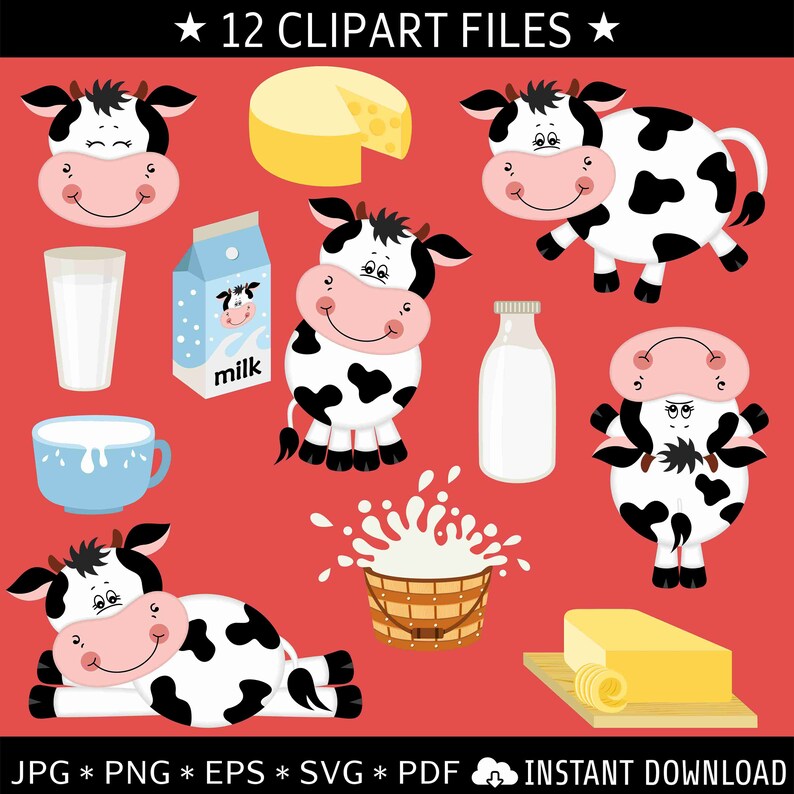 Milk Farm Cow vector Clipart Set Instant Digital Download digital Art