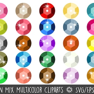 Pode incluir: Um conjunto de 25 cliparts de lantejoulas multicoloridas em várias tonalidades, incluindo rosa, verde, azul e dourado. Cada lantejoula tem um design hexagonal com um furo central e um efeito brilhante. O texto na parte inferior diz "25 Sequin Mix Multicolor Cliparts".