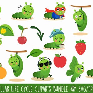May include: A collection of 20 colorful caterpillar life cycle clip art images. The illustrations feature green caterpillars in various poses, including sleeping, wearing a superhero costume, and reading a book. Also includes fruits and a butterfly.