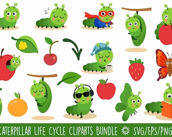 Caterpillar & Butterfly Vector Bundle|Life Cycle Clipart|Cartoon Insect|PNG SVG EPS|Digital Stickers|Craft|Decor|Scrapbooking|Commercial Use