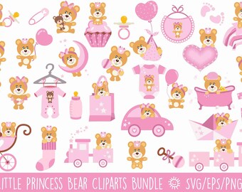Little Princess Bear Clipart |Baby Girl Vector Bundle |Pink Scrapbooking Graphics |Baby Shower SVG PNG EPS |Digital Stickers |Commercial Use