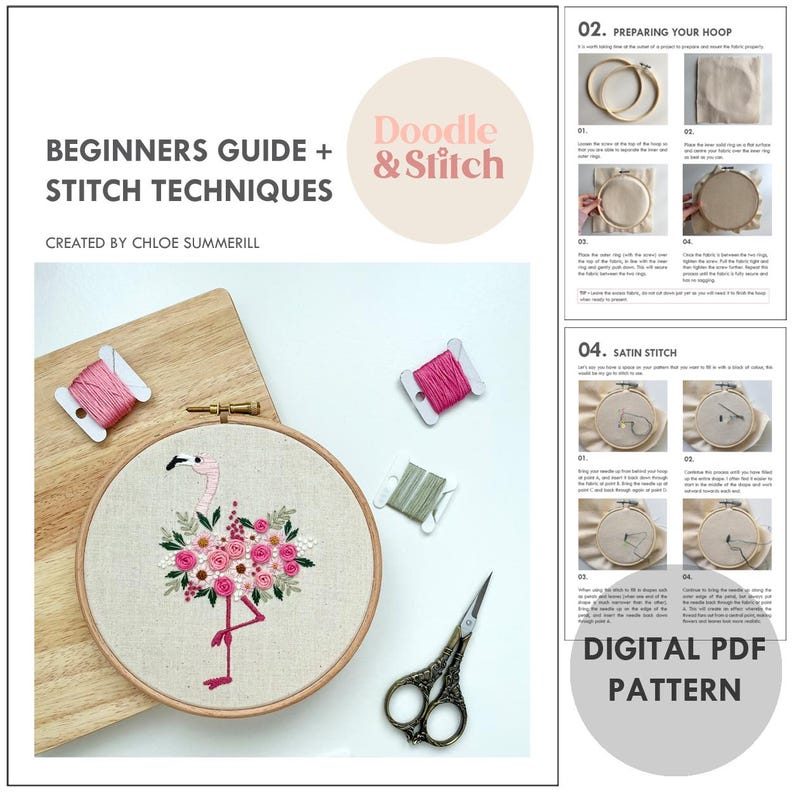 May include: A digital embroidery pattern featuring a flamingo with pink flowers. The pattern includes instructions for preparing the hoop and satin stitch. The text "BEGINNERS GUIDE + STITCH TECHNIQUES" and "Doodle & Stitch" is visible on the page. The text "DIGITAL PDF PATTERN" is also visible.