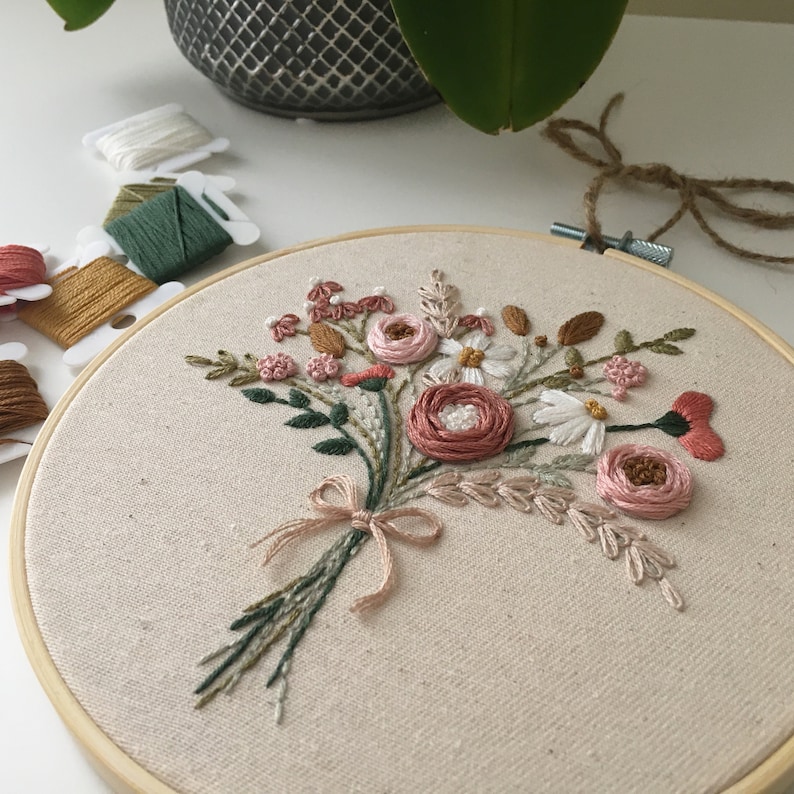 以下が含まれることがあります： ピンクと白の花と緑の葉がついた手縫いの刺繍枠のクローズアップ。花は円形に配置され、薄い茶色の布で囲まれています。