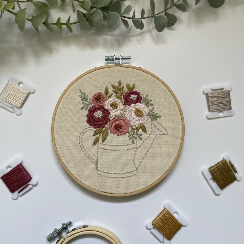 Watering Can Pink Flower Bouquet // 6 Inch Embroidery Hoop Art // PDF ...