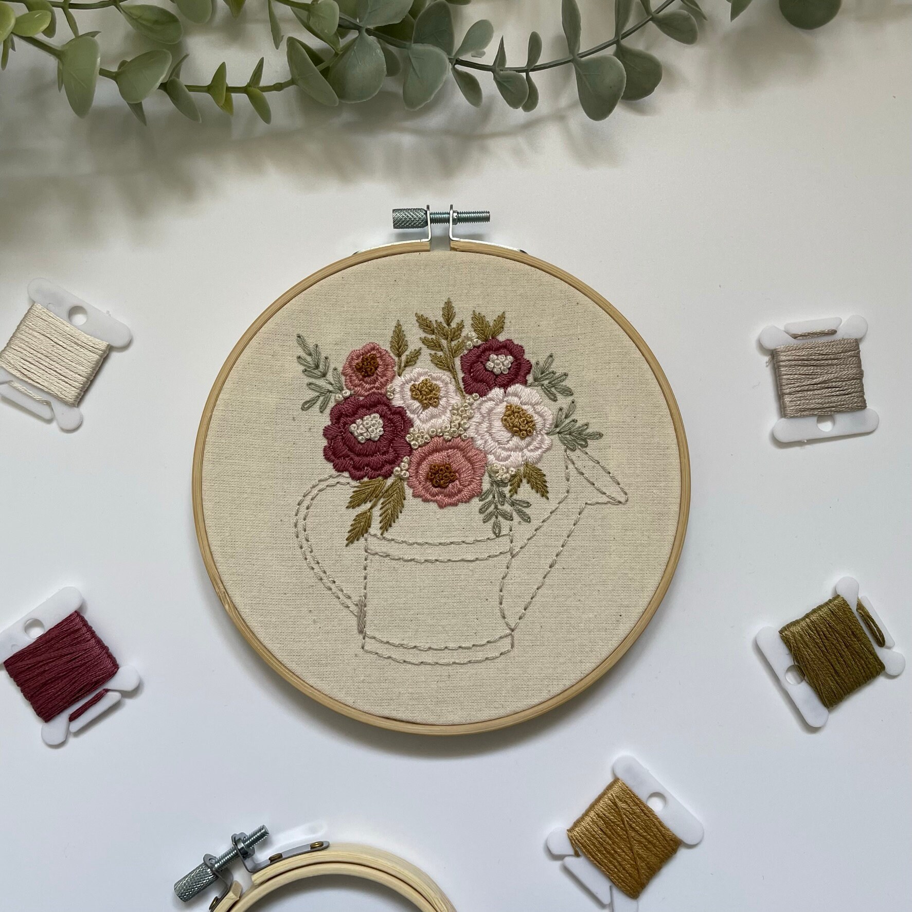 Watering Can Pink Flower Bouquet // 6 Inch Embroidery Hoop Art // PDF ...