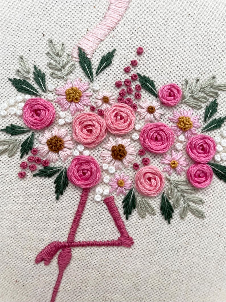 May include: Pink flamingo embroidered with pink and white flowers, green leaves, and small pink and white dots on a white fabric background.