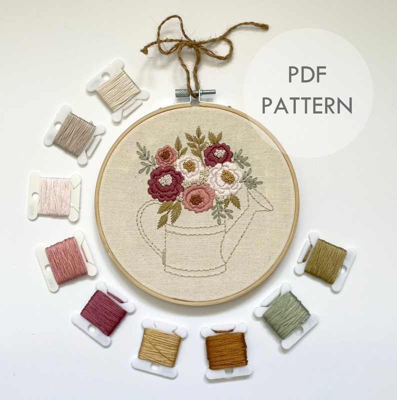 Watering Can Pink Flower Bouquet // 6 Inch Embroidery Hoop Art // PDF ...