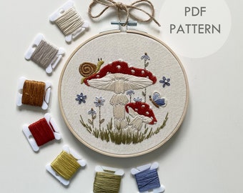Mushroom Meadow Embroidery Pattern, 6 Inch Hoop Art, PDF Pattern & Instructions