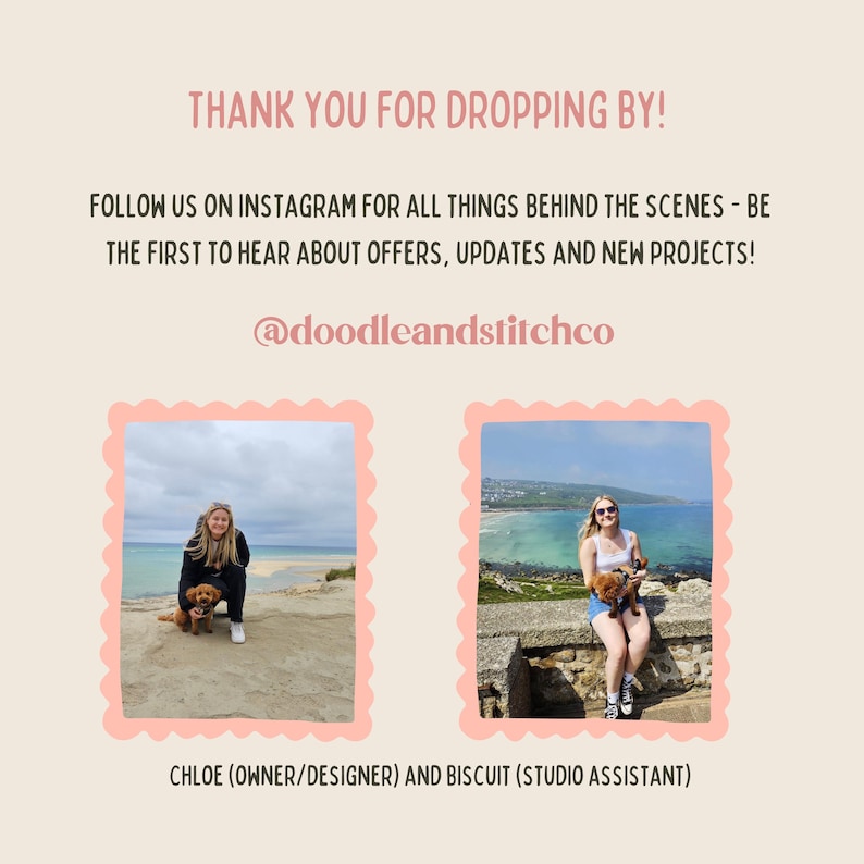 May include: Two women, one with a dog, pose for a photo in front of a beach. The text "@doodleandstitchco" is displayed below the images. The caption below the images reads "CHLOE (OWNER/DESIGNER) AND BISCUIT (STUDIO ASSISTANT)".