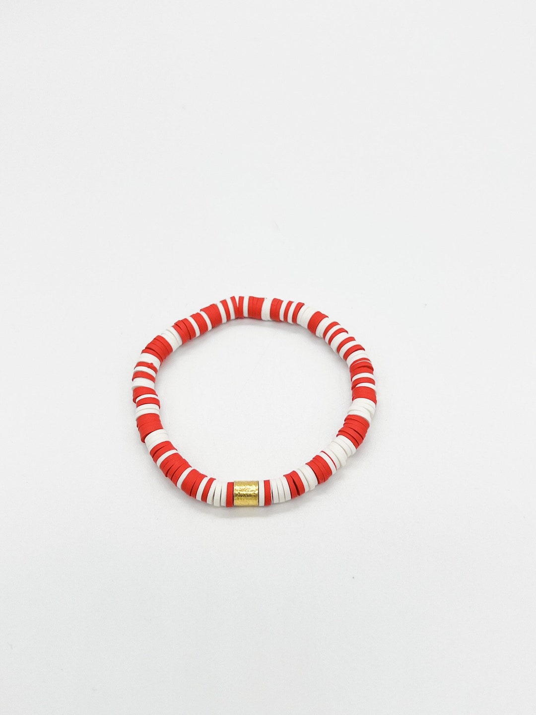 Red and White Rainbow Bracelet With Gold Cylinder 4th of July Bracelet