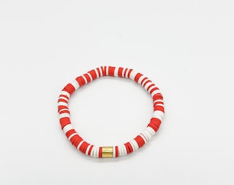 Red and White Rainbow Bracelet with Gold Cylinder | 4th of July Bracelet