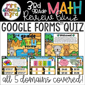 May include: A colorful Google Forms quiz for 3rd grade math review. The quiz is divided into five sections: Operations & Algebraic Thinking, Fractions, Measurement and Data, Geometry, and Statistics and Probability. Each section features a cartoon animal and a question related to the topic. The quiz is designed to help students practice their math skills and prepare for upcoming tests.
