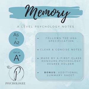 Memory | Psychology A level Revision Topic Notes for AQA AS and A2 | Clear Concise Aesthetic Digital Notes inc. Bonus Summary.