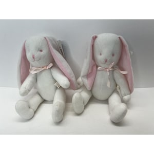2 Vintage Bunny Rabbit Plush Toy White, Pink Ears, Jointed Stuffed Animal Hare
