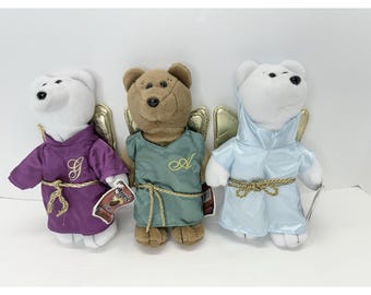 3 Vintage Bean Bag Teddy Bear Plush Angel 8” Angelic Beans By Protech Christmas