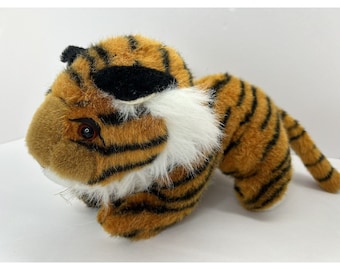Peluche de tigre de Bengala naranja tumbado vintage, animal de peluche realista de 10 pulgadas