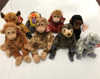 Ty Beanie Babies Choice Of Monkey and Sloth Gizmo, Bananas, Schweetheart, Congo, Bongo, Bonsai, Slowpoke, Virunga