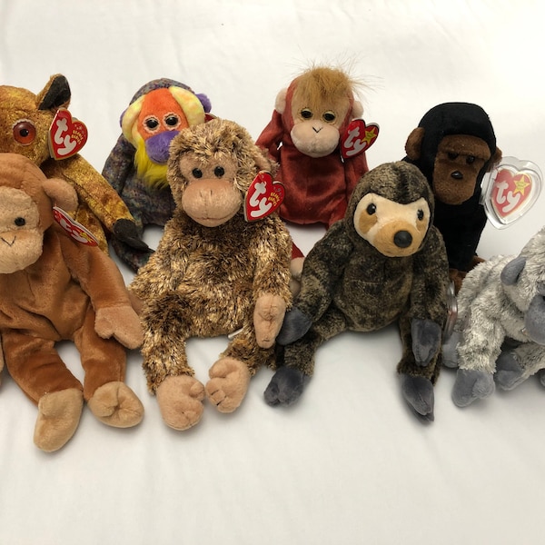 Ty Beanie Babies Choice Of Monkey and Sloth Gizmo, Bananas, Schweetheart, Congo, Bongo, Bonsai, Slowpoke, Virunga