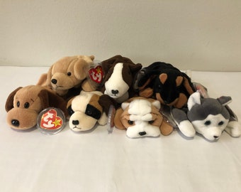 Ty Beanie Baby Choice of Dog Fetch, Bones, Bruno, Doby, Bernie, Wrinkles, Nanook