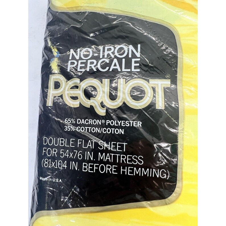 May include: A yellow and white striped packaging for a Pequot No-Iron Percale double flat sheet. The sheet is made of 65% Dacron polyester and 35% cotton. It is designed for a 54x76 inch mattress and measures 81x104 inches before hemming. Made in the USA.