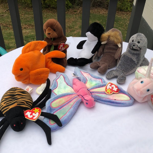 TY Beanie Babies choice of bugs, insects, and freshwater animals, Goldie, Seaweed, Flitter, Slippery, Swirly, Waves, Jolly