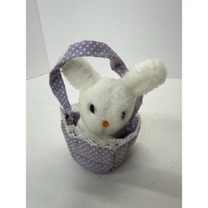 Russ Berrie Vintage Mini White Bunny In Basket 5&quot; Plush Stuffed Animal Rabbit