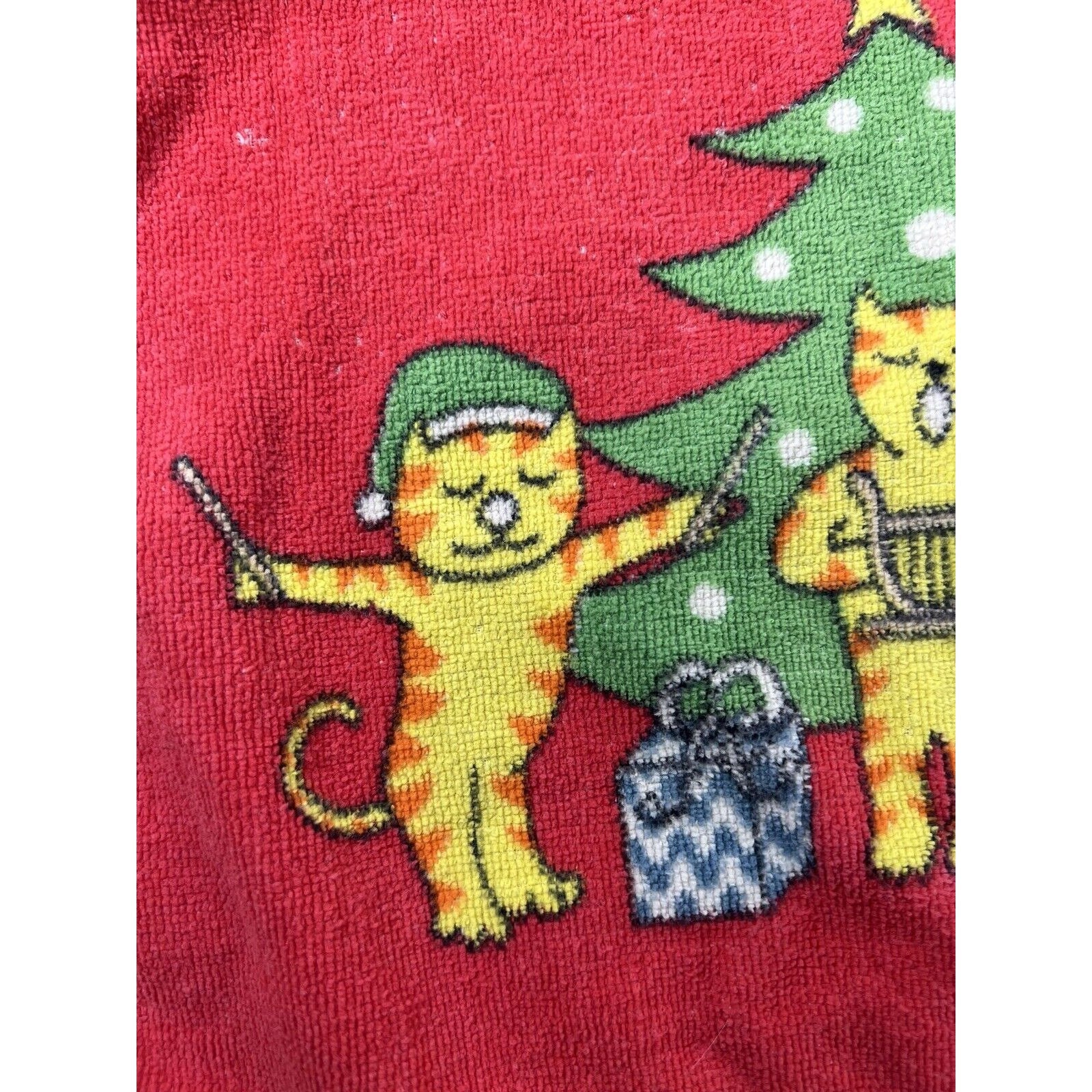 Vintage Hiltex Hand Kitchen Towel Christmas Terry Cloth Cotton Cat Band  Tree 