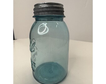 Vintage Ball Perfect Mason Quart Jar Blue #8 Mold With Zinc Lid