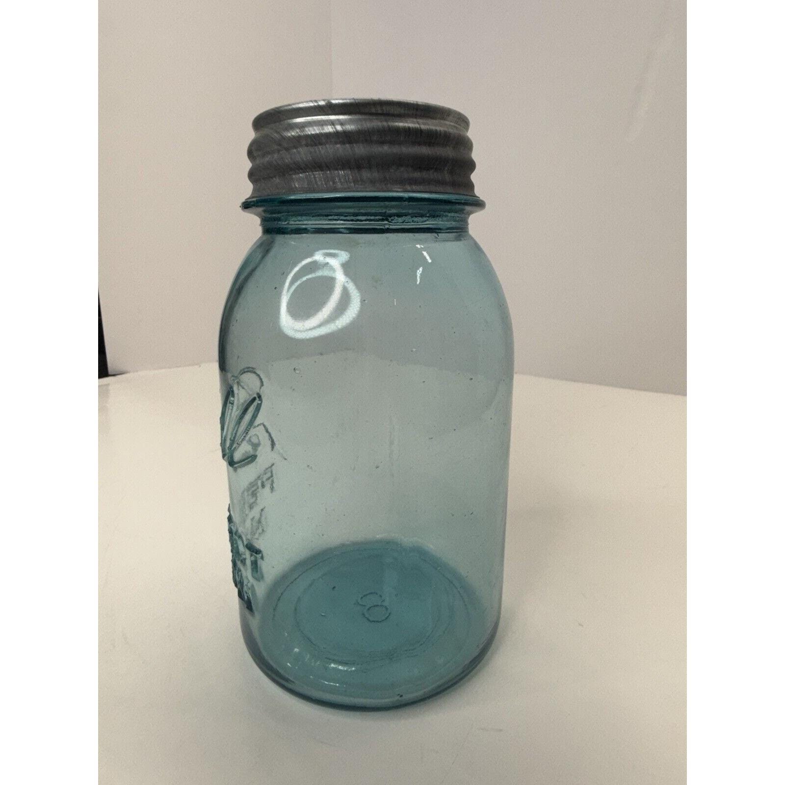 Vintage Ball Perfect Mason Quart Jar Blue #8 Mold With Zinc Lid