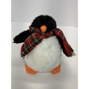 Vintage RussPlus Penguin Red Plaid Scarf Plush Black Stuffed Animal Toy 7 Inch