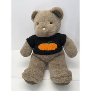 May include: A brown teddy bear wearing a black sweater with an orange pumpkin design. The bear is sitting on a white background.