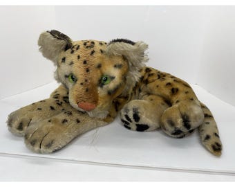 Peluche vintage de gato leopardo de mohair Steiff, grande, reclinable, de 53 cm de largo.
