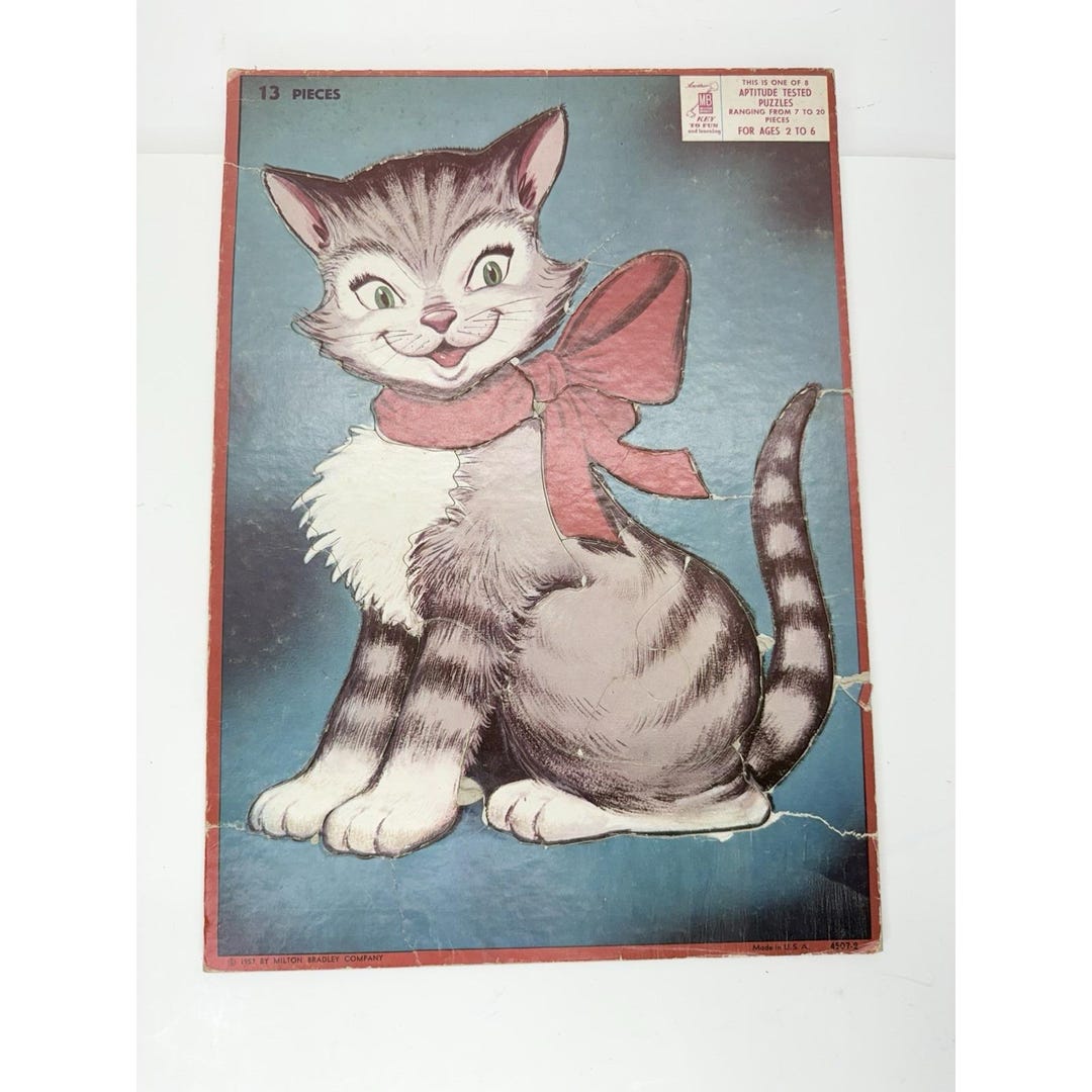 1957 13 Piece Puzzle Grey Cat by Milton Bradley Made in USA